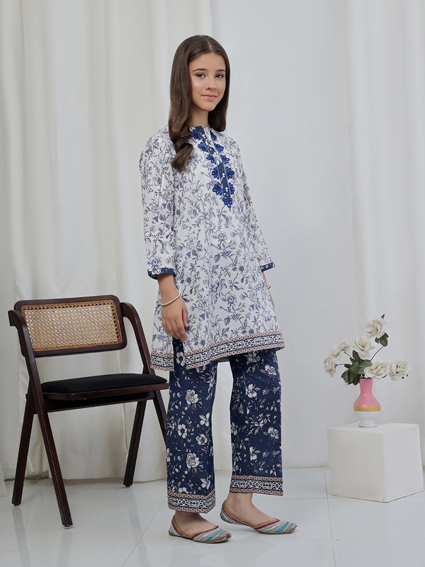 2Pc Embroidered Pret Shirt & Trouser Lawn White & Blue - OGE2P-2506016