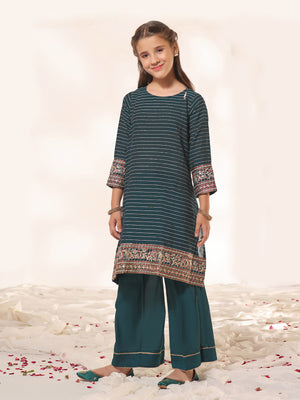 2Pc Embroidered Pret Shirt Trouser Dobby Dark Green - OGE2PG-23044