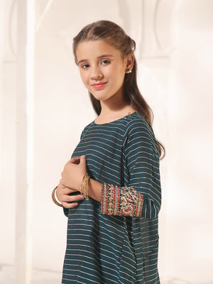 2Pc Embroidered Pret Shirt Trouser Dobby Dark Green - OGE2PG-23044