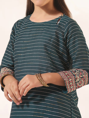 2Pc Embroidered Pret Shirt Trouser Dobby Dark Green - OGE2PG-23044