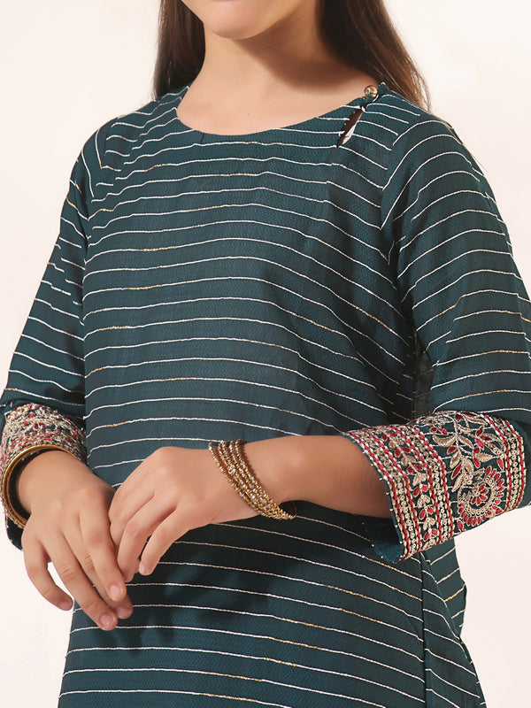 2Pc Embroidered Pret Shirt Trouser Dobby Dark Green - OGE2PG-23044