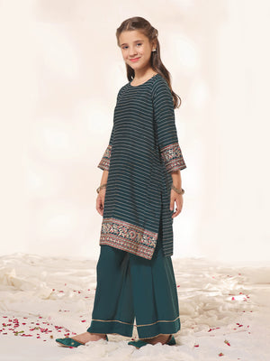 2Pc Embroidered Pret Shirt Trouser Dobby Dark Green - OGE2PG-23044