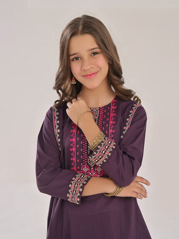 2Pc Embroidered Pret Shirt Trouser Cotton Dark Purple - OGE2PG-2309020