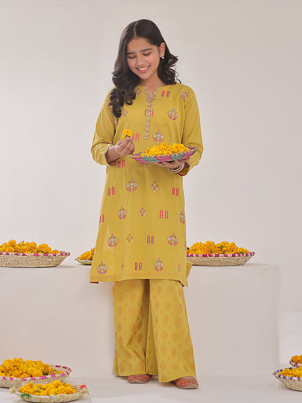 2Pc Embroidered Pret Shirt Trouser Lawn Mustard - OGE2PG-2309022