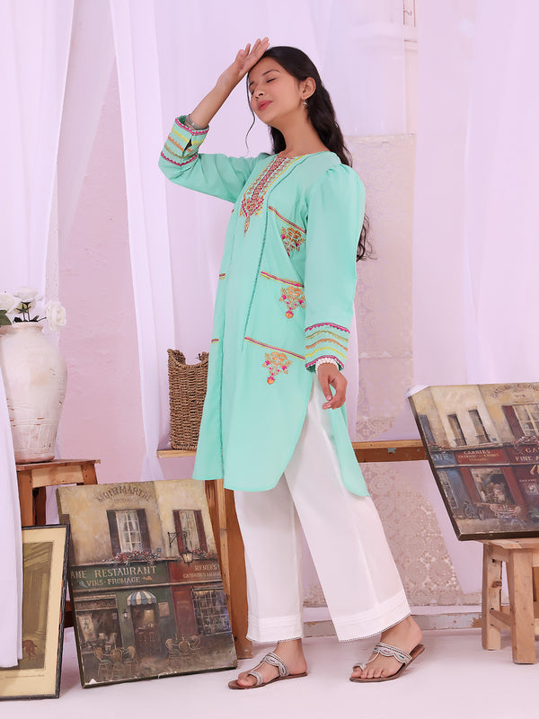 1Pc Embroidered Pret Kurti Lawn Green - OGEKT-2211017
