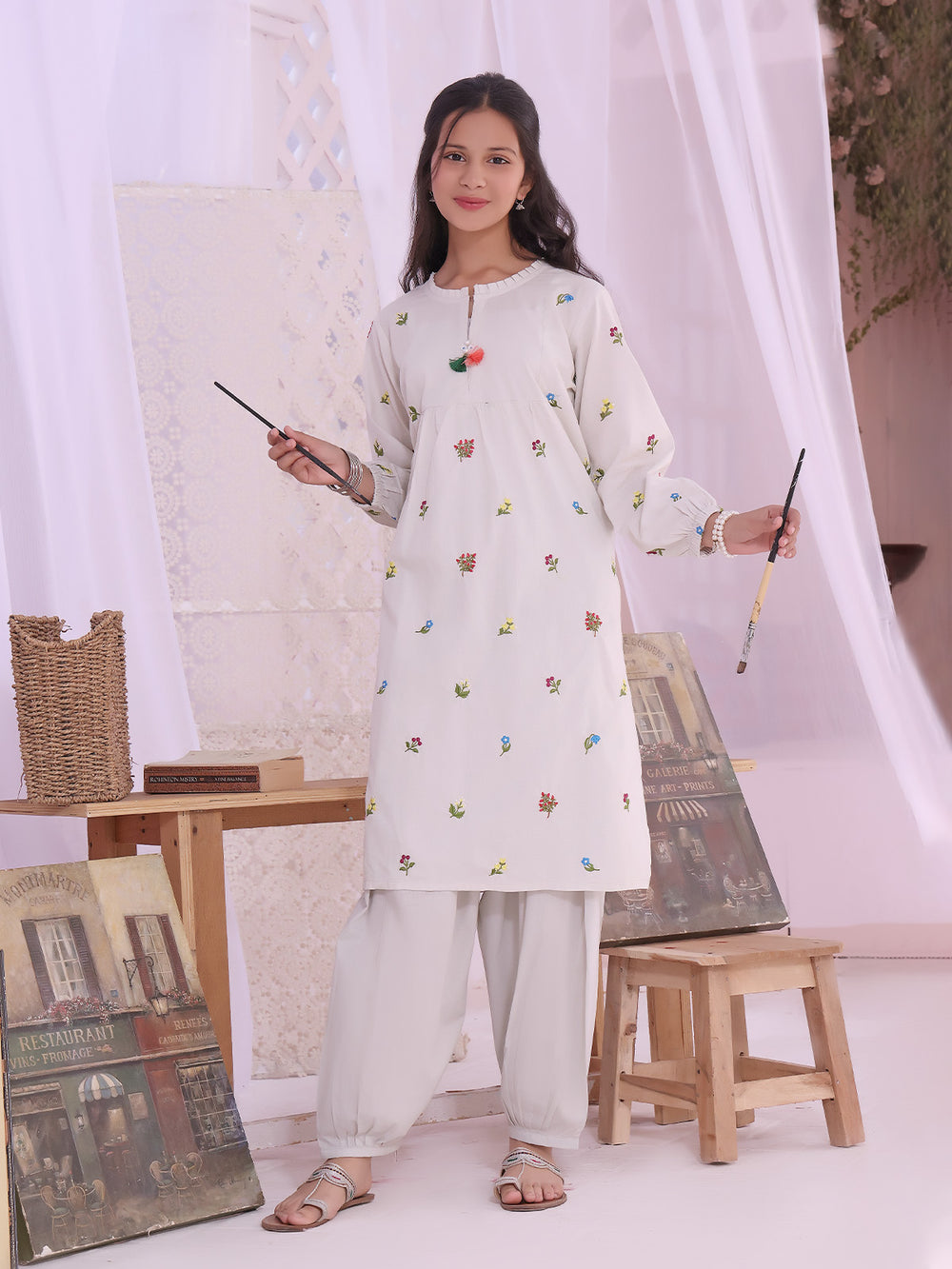 1Pc Embroidered Pret Kurti Lawn Light Grey - OGEKT-2211018