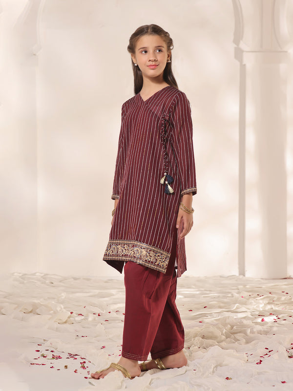1Pc Embroidered Pret Kurti Dobby Maroon - OGEKTG-23043