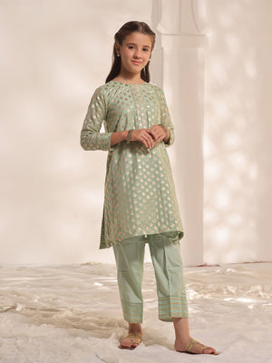 2Pc Fancy Pret Shirt Trouser Jacquard Green - OG2PG-2303011-1