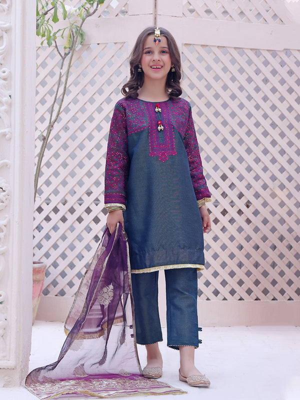 2Pc Embroidered Pret Shirt Dupatta Masoori Navy Blue - OGE2P-2209008