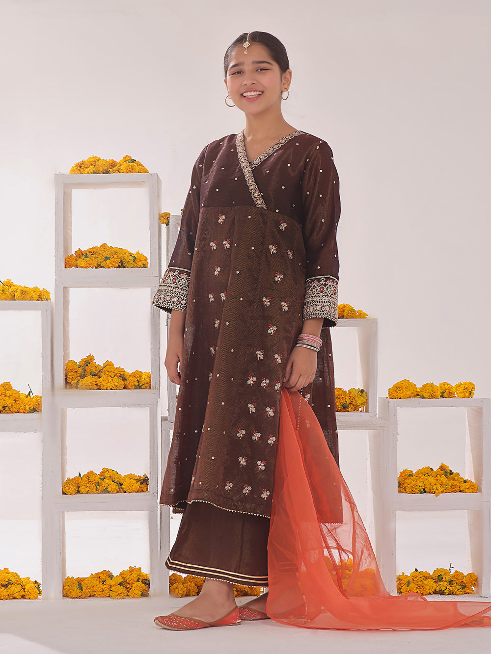 2Pc Embroidered Pret Shirt Dupatta Masoori Brown & Orange - OGE2P-2311014