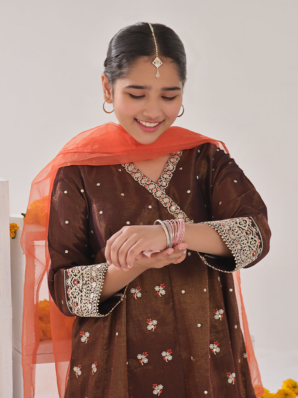 2Pc Embroidered Pret Shirt Dupatta Masoori Brown & Orange - OGE2P-2311014