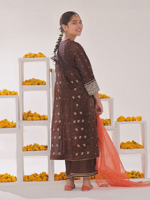 2Pc Embroidered Pret Shirt Dupatta Masoori Brown & Orange - OGE2P-2311014