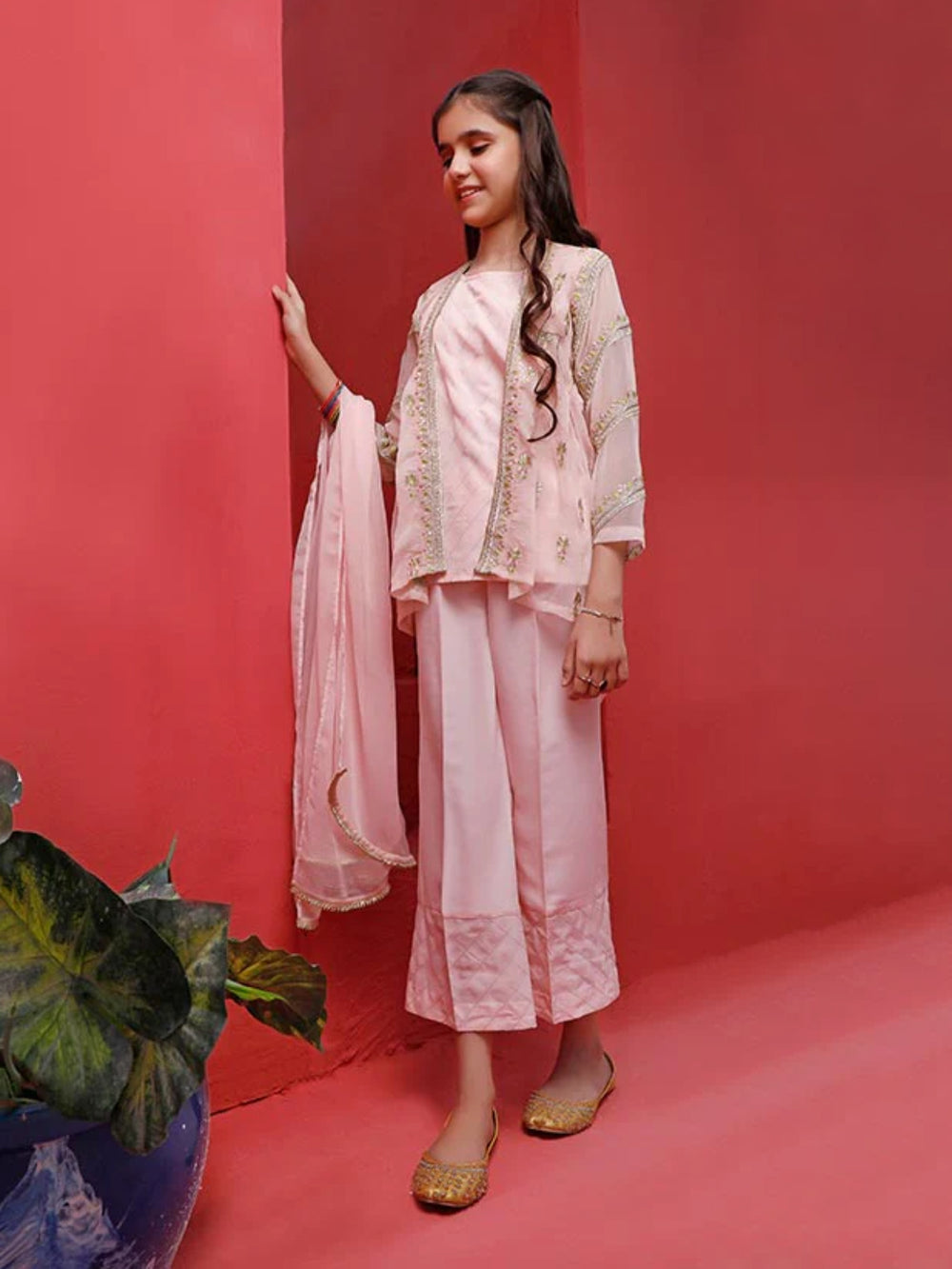 3Pc Embroidered Suit Pret Chiffon Pink - OGE3P-1905035