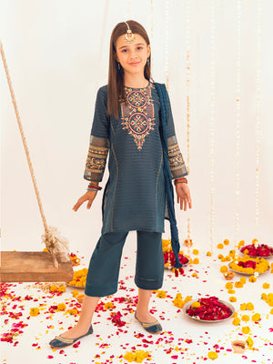 3Pc Embroidered Suit Pret Dobby Dark Green - OGE3P-2303013