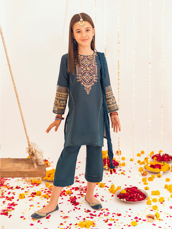 3Pc Embroidered Suit Pret Dobby Dark Green - OGE3P-2303013