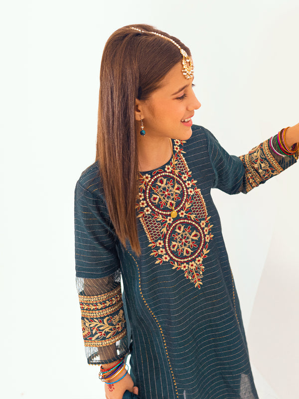 3Pc Embroidered Suit Pret Dobby Dark Green - OGE3P-2303013