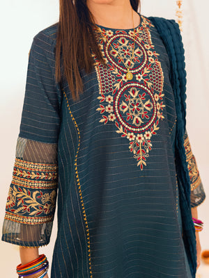 3Pc Embroidered Suit Pret Dobby Dark Green - OGE3P-2303013