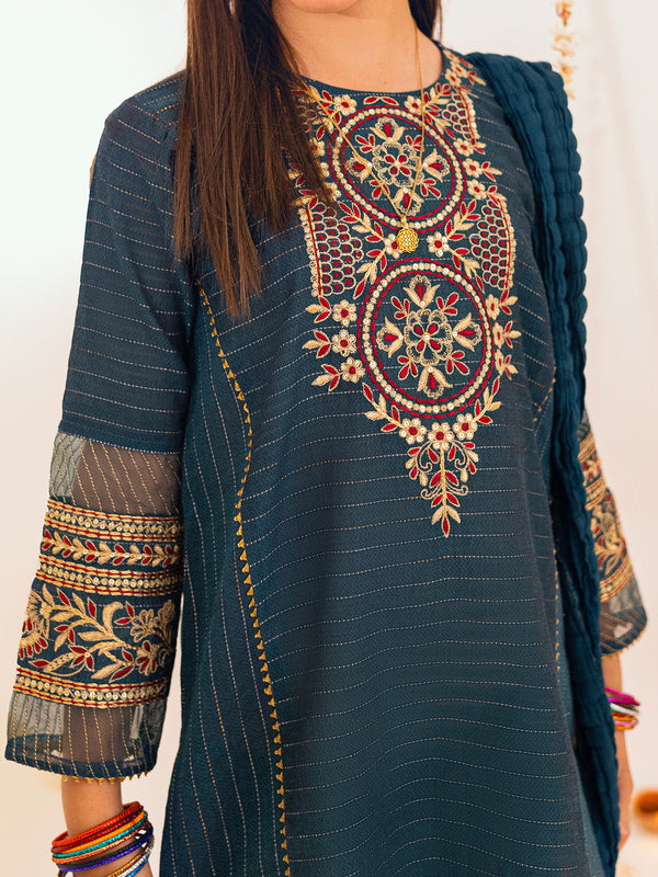 3Pc Embroidered Suit Pret Dobby Dark Green - OGE3P-2303013