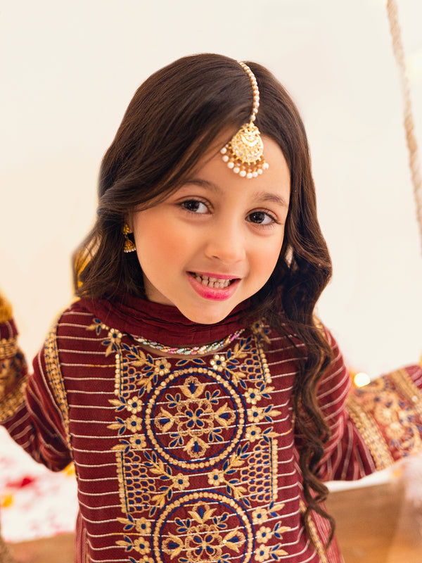 3Pc Embroidered Suit Pret Dobby Maroon - OGE3P-2303014