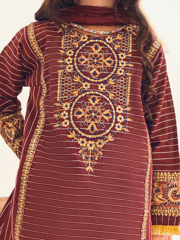 3Pc Embroidered Suit Pret Dobby Maroon - OGE3P-2303014