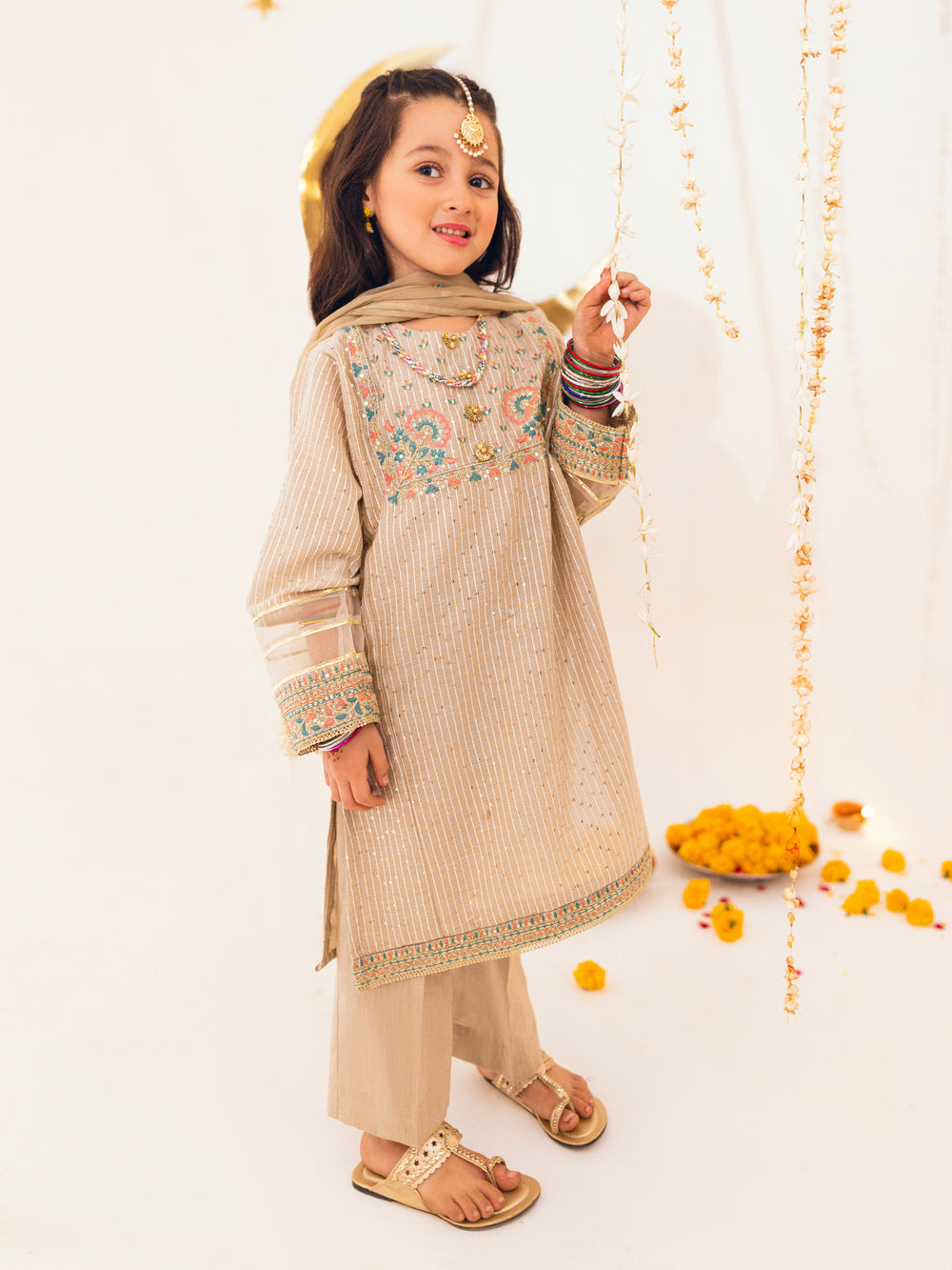 3Pc Embroidered Suit Pret Dobby Beige - OGE3P-2303022
