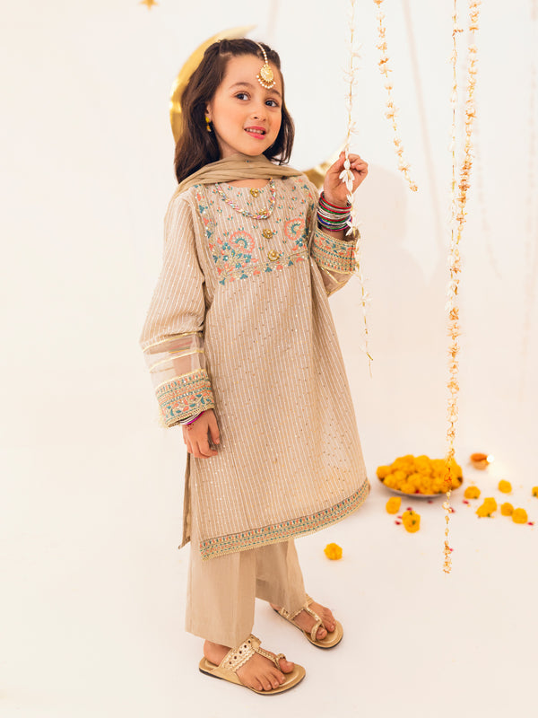 3Pc Embroidered Suit Pret Dobby Beige - OGE3P-2303022