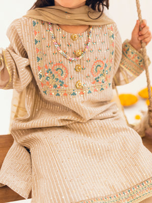 3Pc Embroidered Suit Pret Dobby Beige - OGE3P-2303022