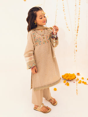 3Pc Embroidered Suit Pret Dobby Beige - OGE3P-2303022