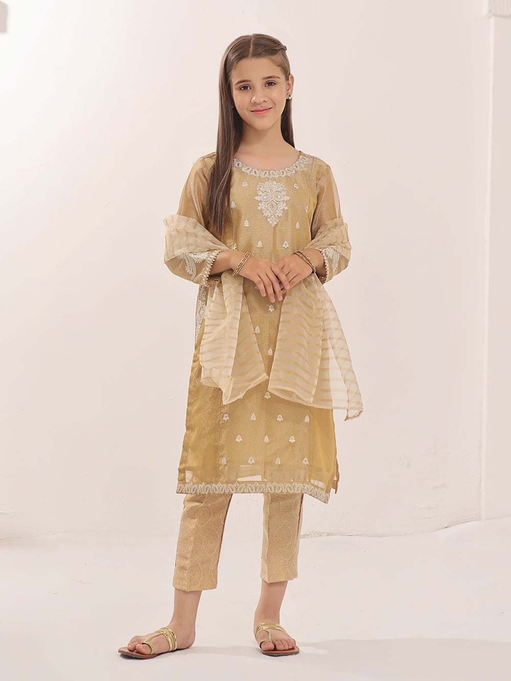 3Pc Embroidered Suit Pret Zari Golden - OGE3P-2303024