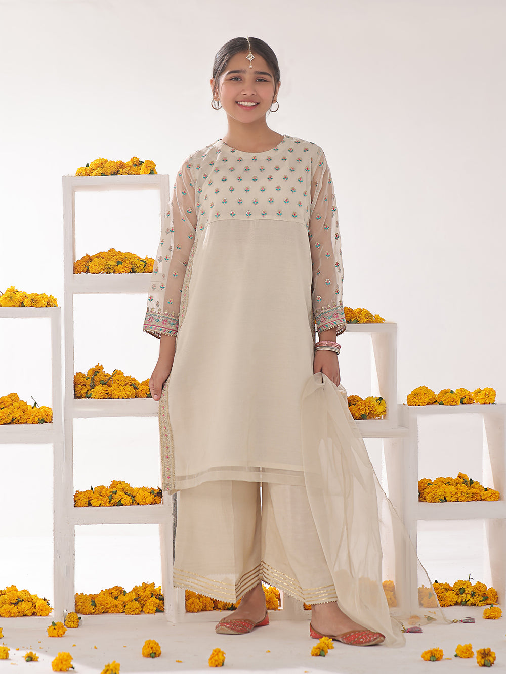 3Pc Embroidered Suit Pret Organza Beige - OGE3P-2311010