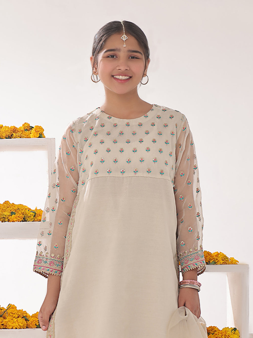 3Pc Embroidered Suit Pret Organza Beige - OGE3P-2311010