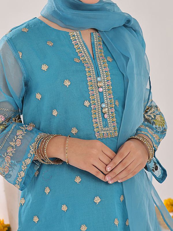 3Pc Embroidered Suit Pret Organza Blue - OGE3P-2311011