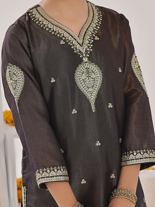 3Pc Embroidered Suit Pret Masoori Brown & Green - OGE3P-2311013