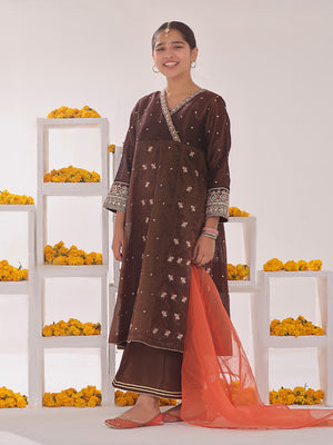3Pc Embroidered Suit Pret Masoori Brown & Orange - OGE3P-2311014