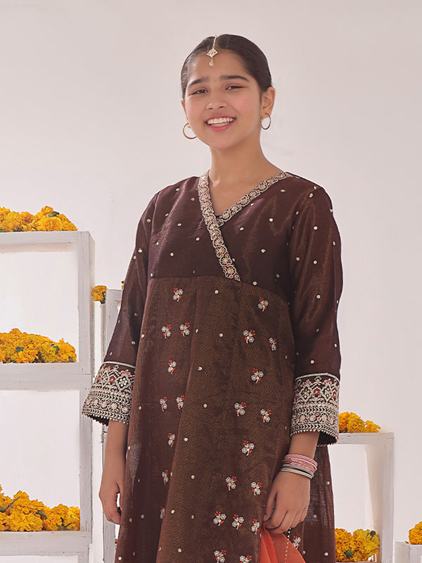 3Pc Embroidered Suit Pret Masoori Brown & Orange - OGE3P-2311014