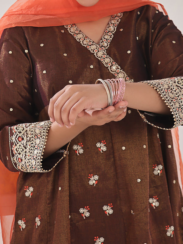 3Pc Embroidered Suit Pret Masoori Brown & Orange - OGE3P-2311014