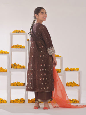 3Pc Embroidered Suit Pret Masoori Brown & Orange - OGE3P-2311014