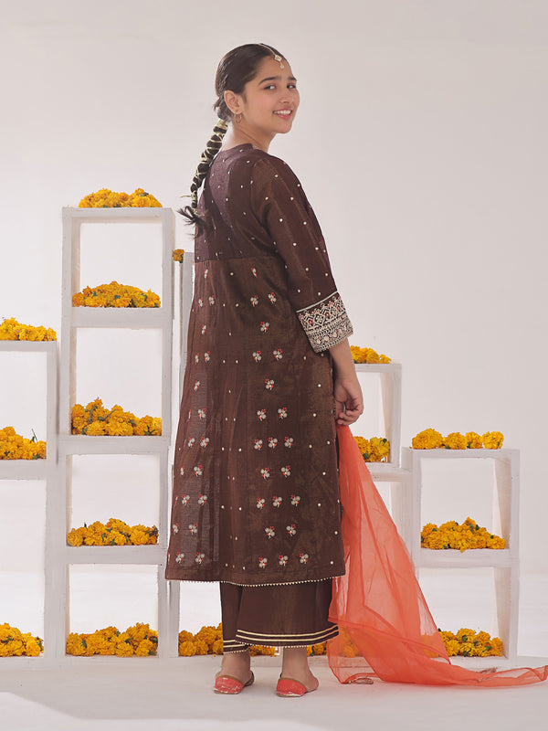 3Pc Embroidered Suit Pret Masoori Brown & Orange - OGE3P-2311014