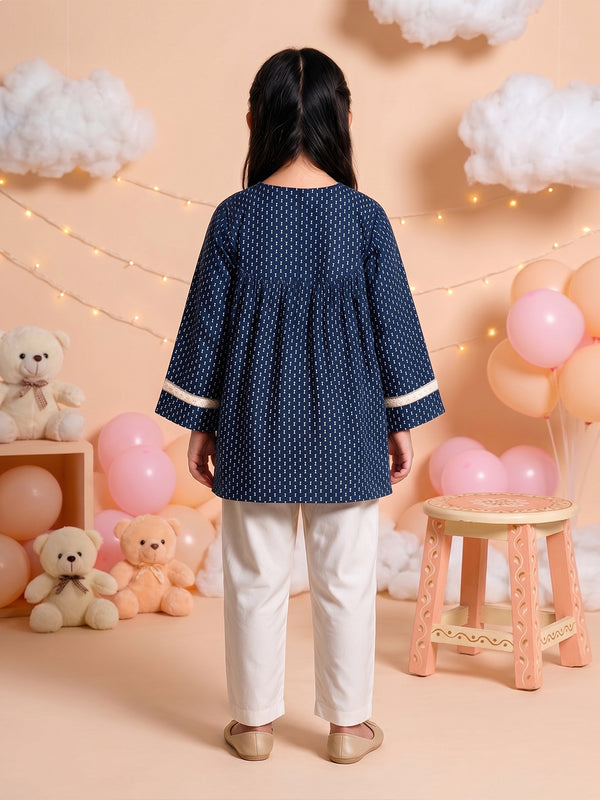 2Pc Printed Pret Shirt Trouser Lawn Blue & White - OG2PG-25051