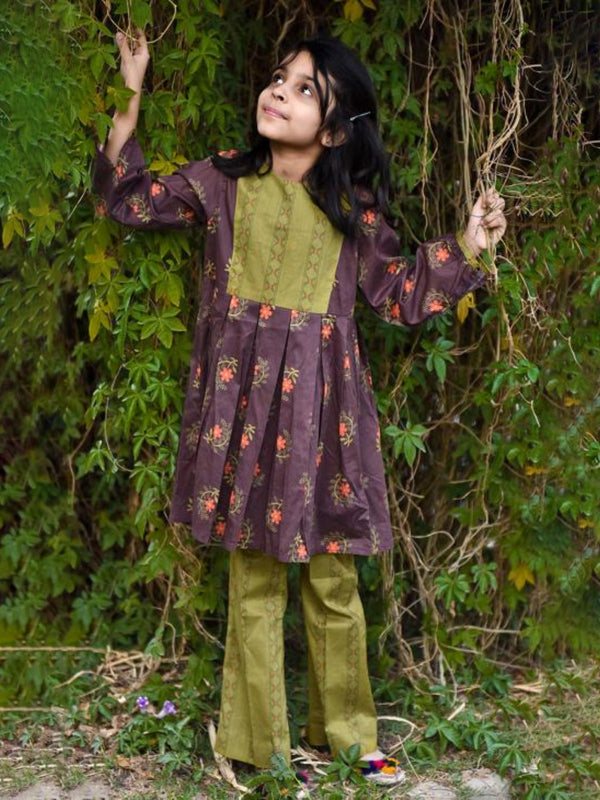 2Pc Printed Pret Shirt Trouser Cambric Brown & Green - OG2P-1907009