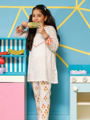 2Pc Printed Pret Shirt Trouser Lawn White - OG2P-1908012