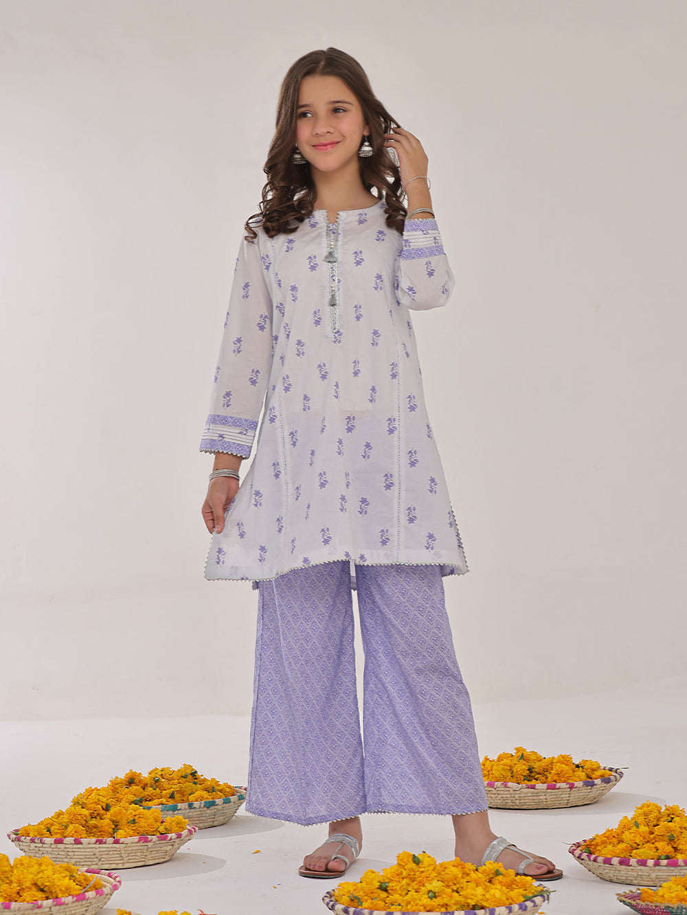 2Pc Printed Pret Shirt Trouser Lawn White & Purple - OG2P-2401042