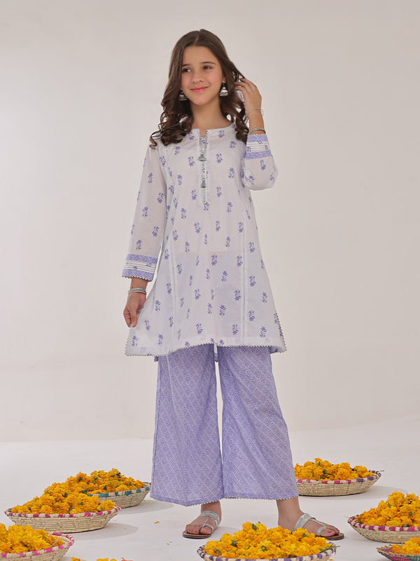 2Pc Printed Pret Shirt Trouser Lawn White & Purple - OG2P-2401042