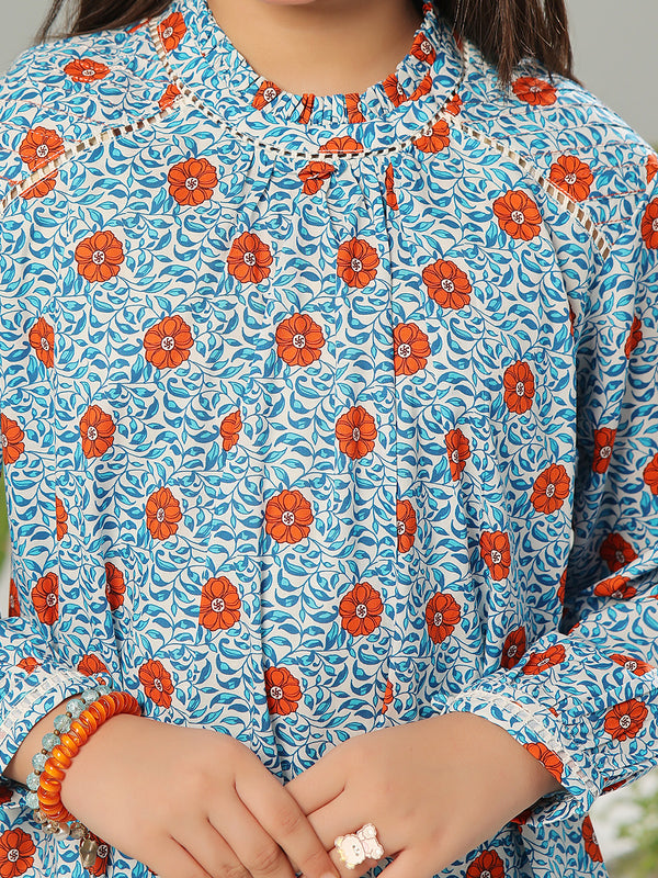 2Pc Printed Pret Shirt Trouser Lawn White & Blue - OG2P-2403001