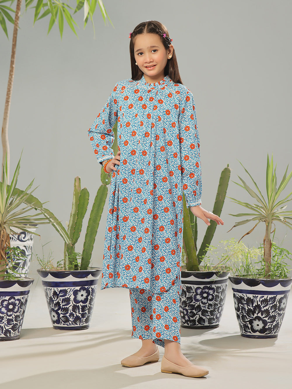 2Pc Printed Pret Shirt Trouser Lawn White & Blue - OG2P-2403001