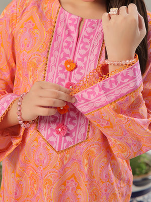 2Pc Printed Pret Shirt Trouser Lawn Orange & Pink - OG2P-2403002