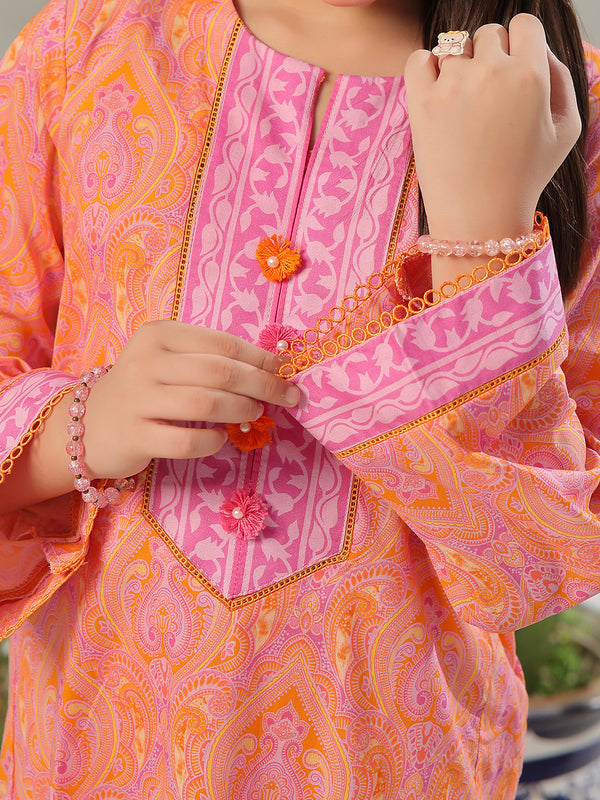 2Pc Printed Pret Shirt Trouser Lawn Orange & Pink - OG2P-2403002