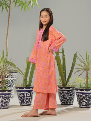 2Pc Printed Pret Shirt Trouser Lawn Orange & Pink - OG2P-2403002