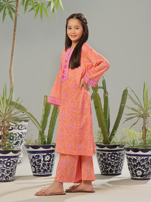 2Pc Printed Pret Shirt Trouser Lawn Orange & Pink - OG2P-2403002