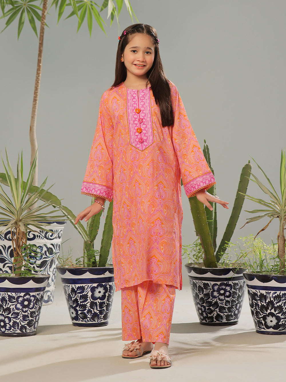 2Pc Printed Pret Shirt Trouser Lawn Orange & Pink - OG2P-2403002